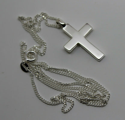 Solid New Sterling Silver 925 Plain Cross Pendant & 55cm Kerb Chain Necklace