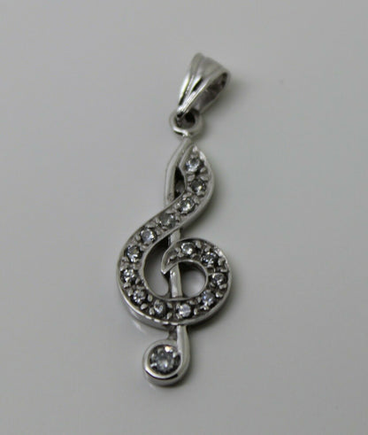 Genuine 9ct 9kt White Gold Cubic Zirconia Treble Clef Pendant