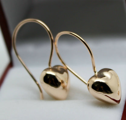 Kaedesigns New 9ct 9k Yellow, Rose or White Gold Dangle Puffed Heart Long Hooks Earrings