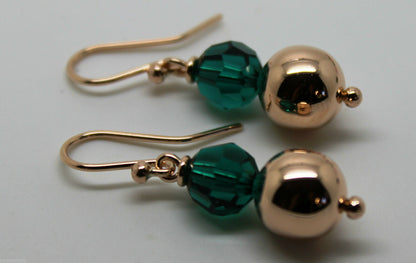 Genuine 9ct Rose Gold 10mm Ball + 8mm Emerald Green Faceted Earrings