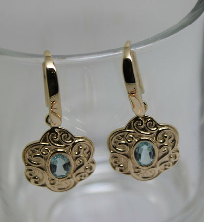 Genuine Heavy 9ct Solid Yellow, Rose or White Gold Antique Aquamarine Filigree Drop Earrings