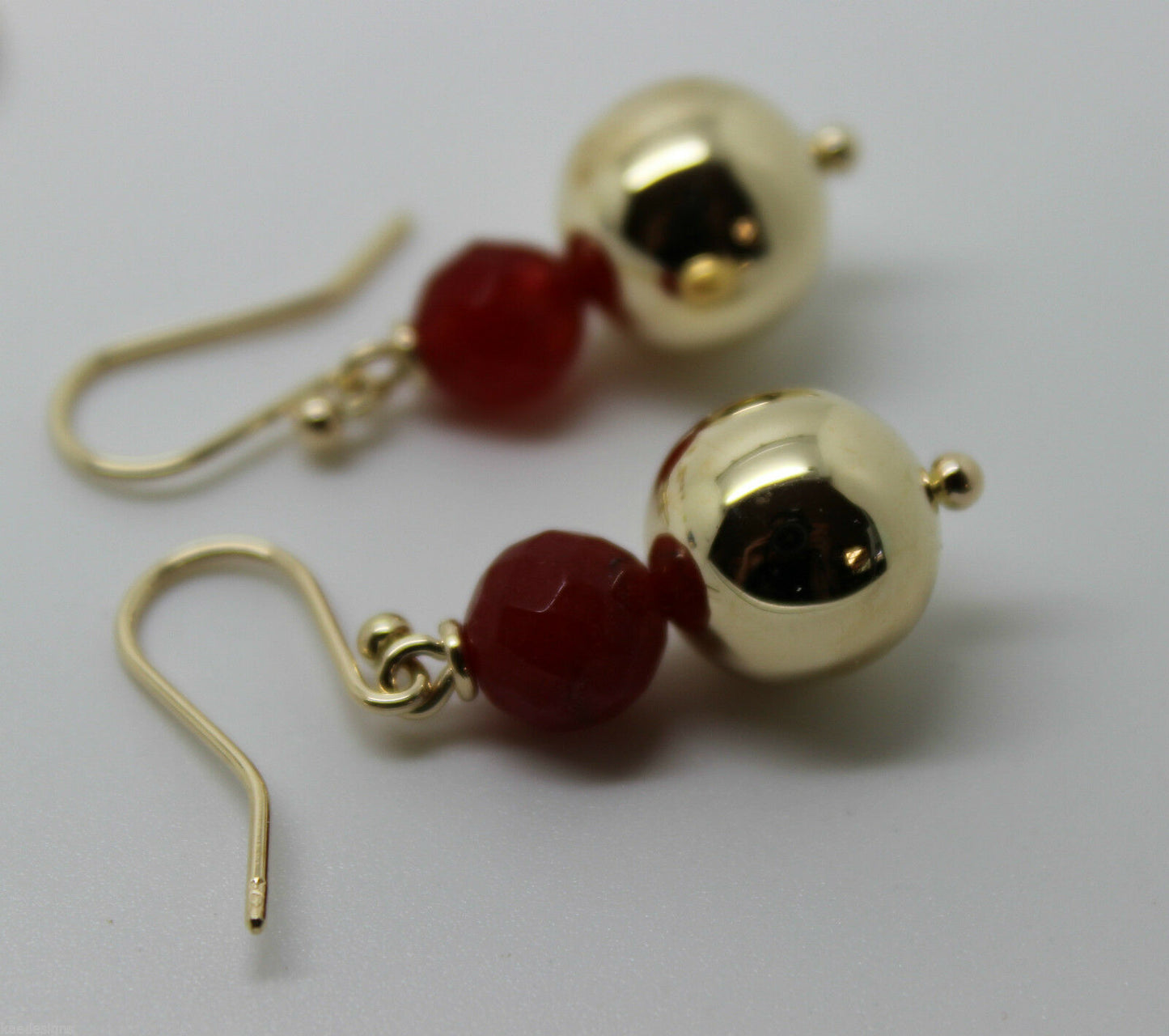 Genuine 9ct Yellow Gold 12mm Ball + 7mm Red Jade Faceted Earrings