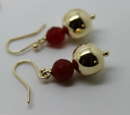 Genuine 9ct Yellow Gold 12mm Ball + 7mm Red Jade Faceted Earrings