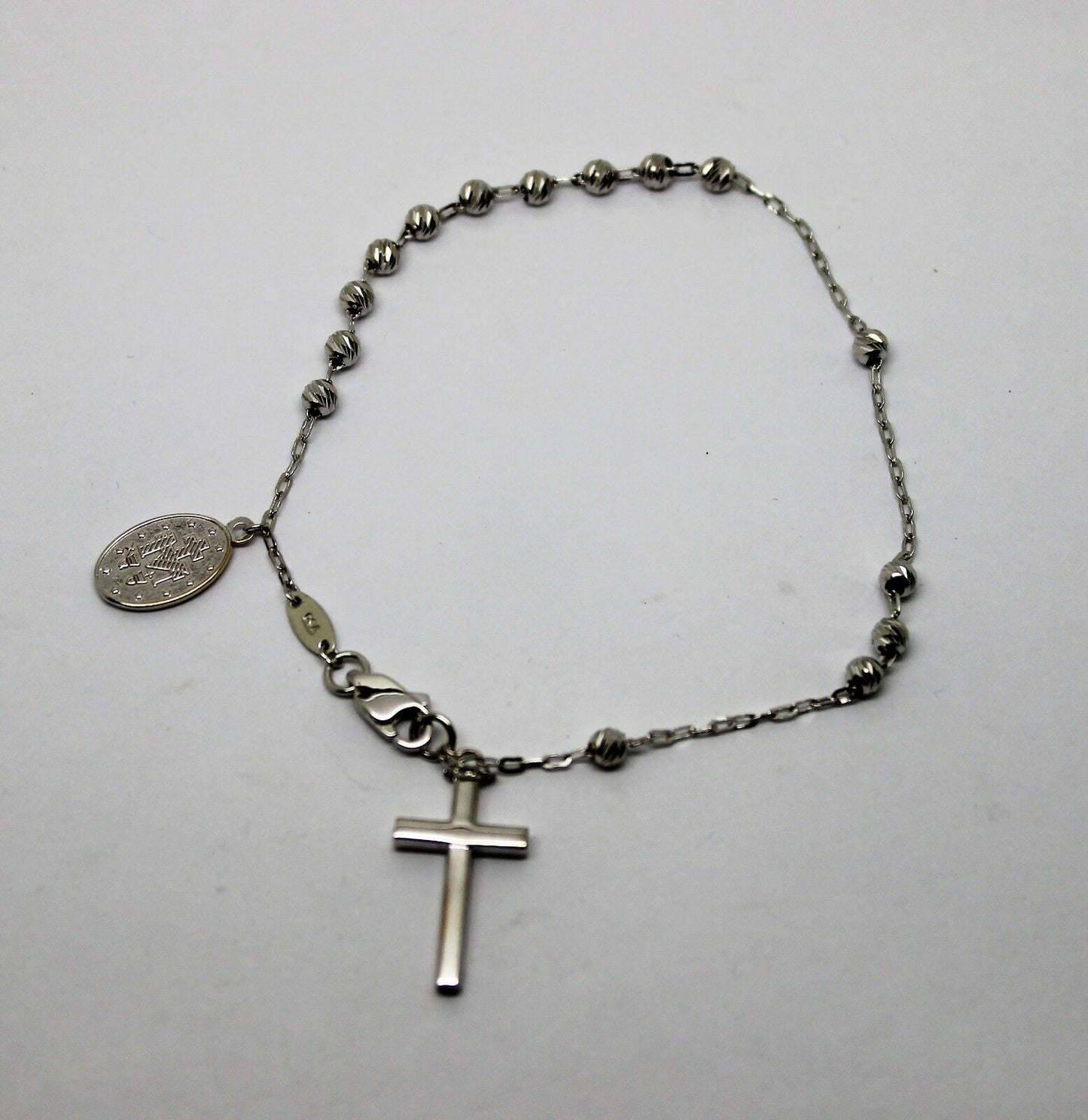 Genuine 18ct 750 White Gold Rosary Beads Cross Bracelet *