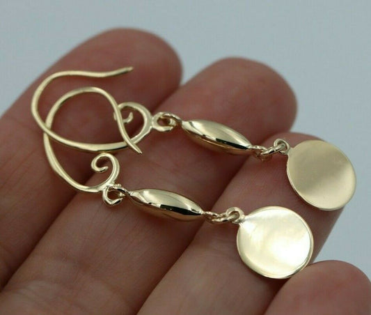 Genuine 9ct Yellow, Rose or White Gold Earrings Disc Drop Hook Earrings