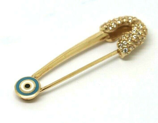 14ct Yellow Gold Baby Child's Kids Cubic Zirconia Brooch Evil Eye Mati