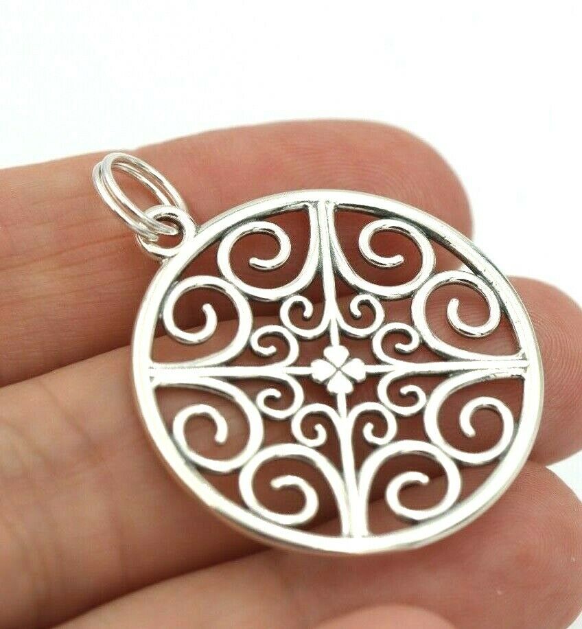 Genuine Sterling Silver Filigree Scroll Clover Pendant + Split Ring