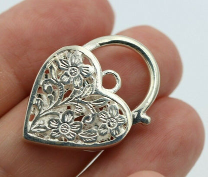 Large Sterling Silver Filigree Flat Heart Padlock Pendant 20mm