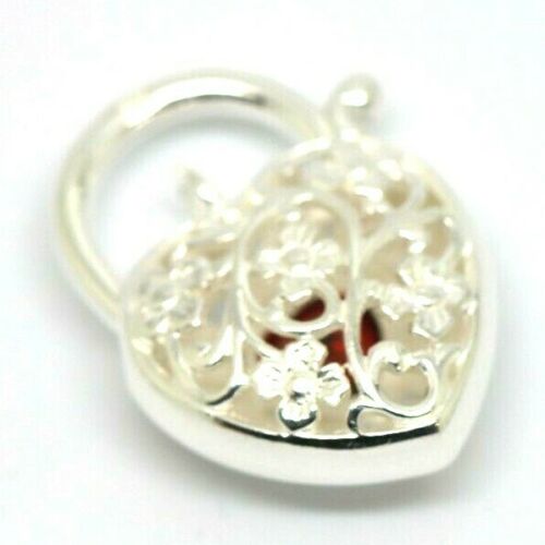 Genuine Sterling Silver Filigree Garnet Heart Padlock Pendant 15mm