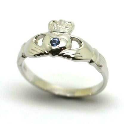 Size P Genuine 9ct White Gold Ceylon Sapphire (Birthstone Of September) Claddagh Ring