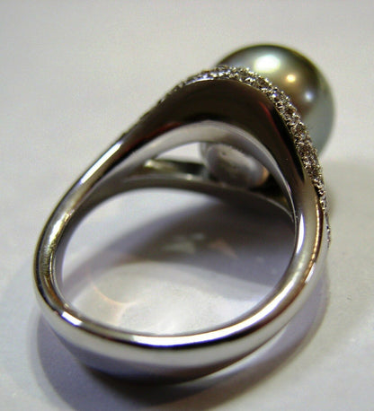 Size K Genuine 18ct 18K Solid White Gold 11mm Tahitian Pearl & Diamond Ring