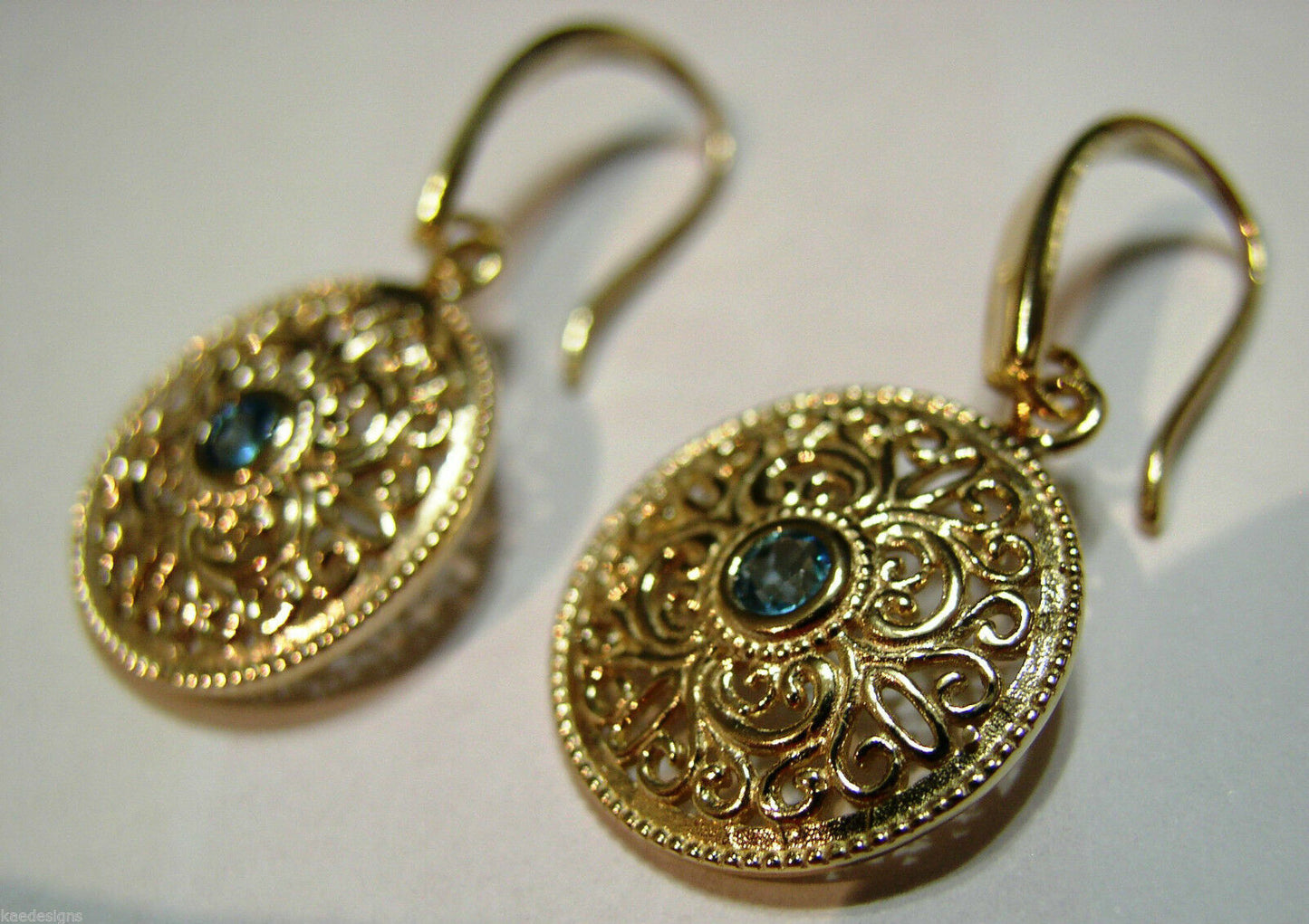 Genuine 9ct Solid Yellow, Rose or White Gold Blue Topaz Filigree Round Drop Earrings