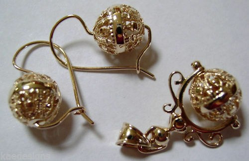 Genuine New Solid 9K 9ct Yellow, Rose or White Gold Filigree Spinner Pendant & Earrings Set