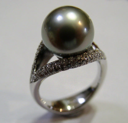 Size K Genuine 18ct 18K Solid White Gold 11mm Tahitian Pearl & Diamond Ring