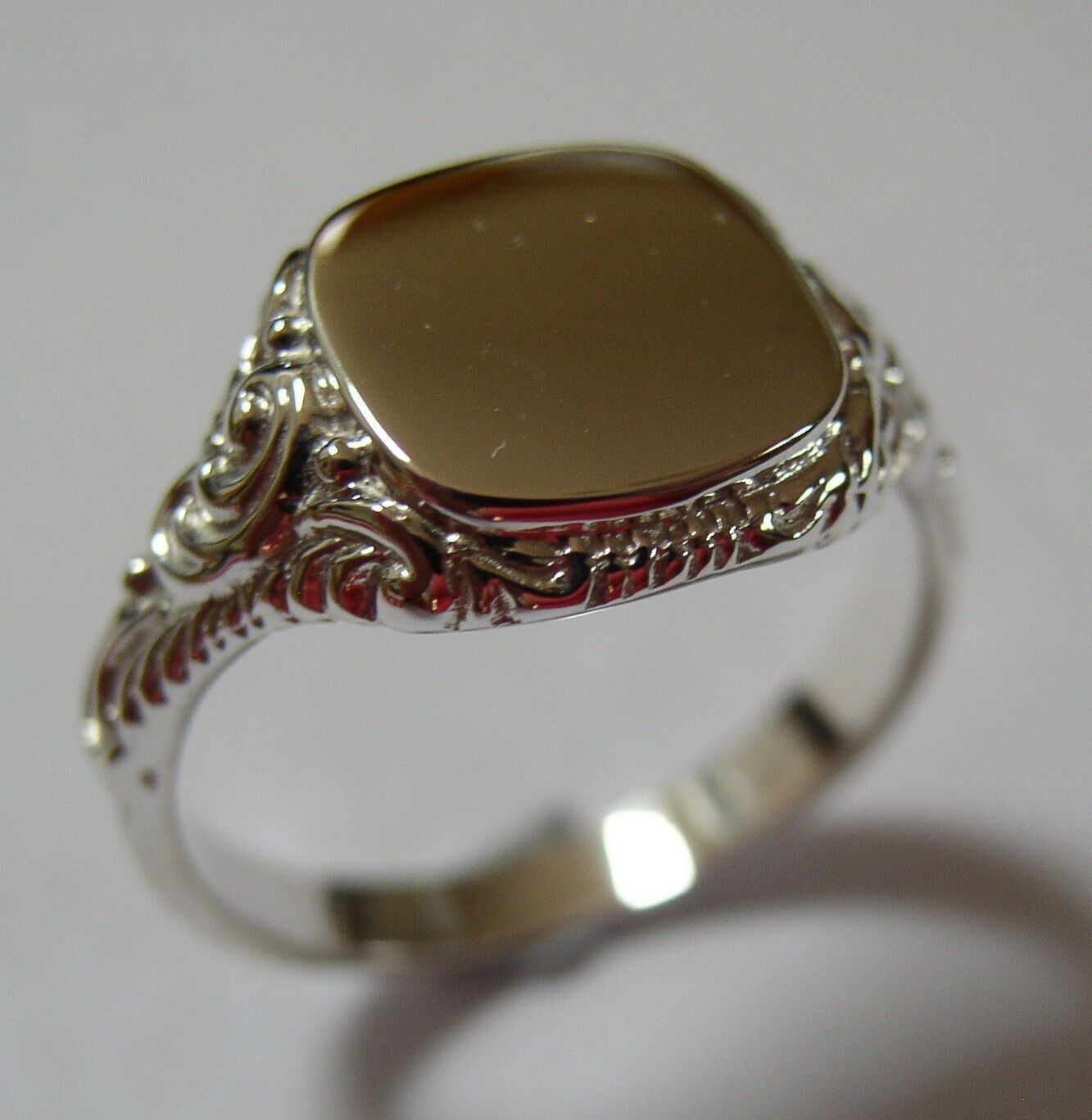 Genuine Large Mens 9ct White Gold Square Engraved Signet Ring