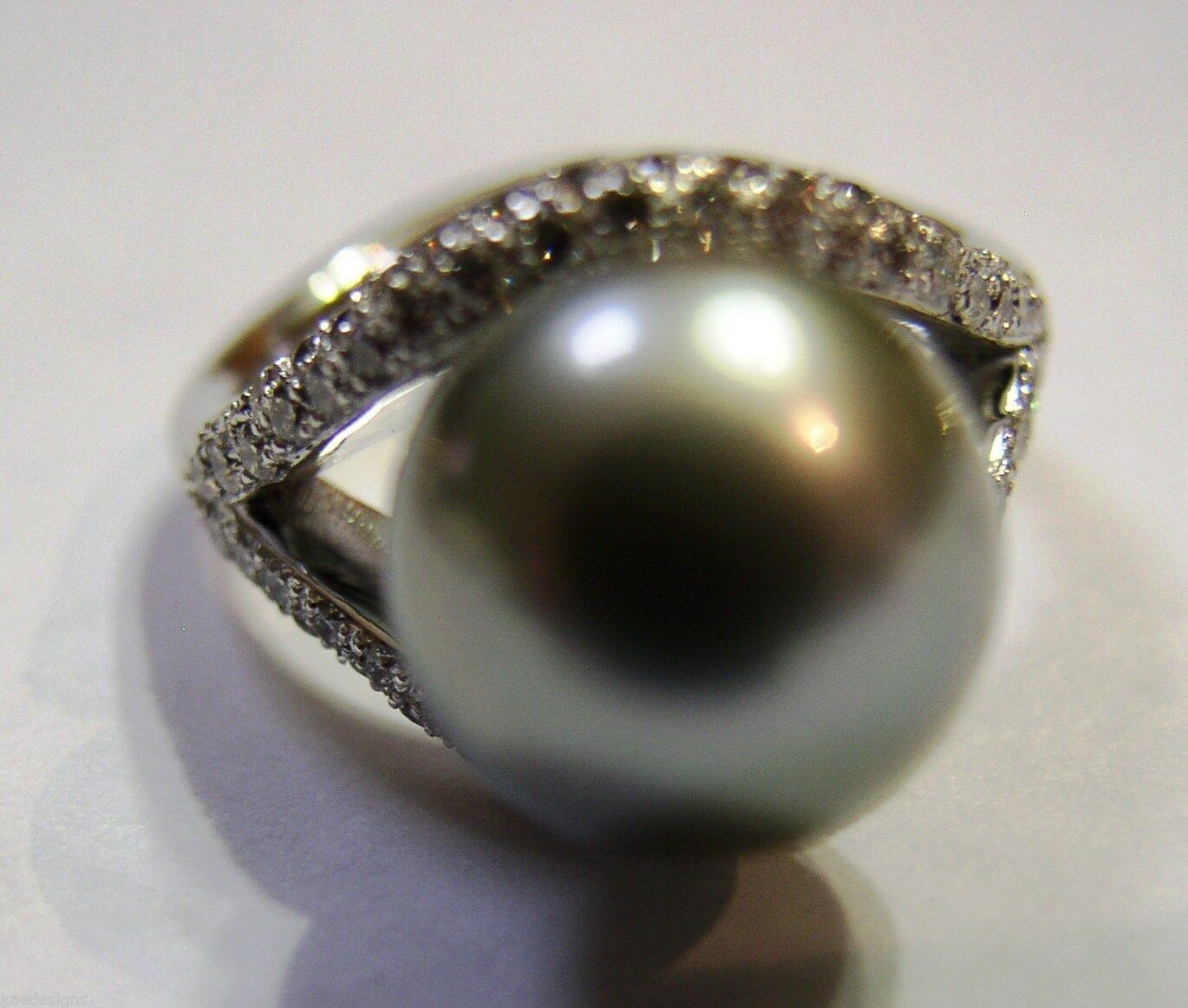 Size K Genuine 18ct 18K Solid White Gold 11mm Tahitian Pearl & Diamond Ring