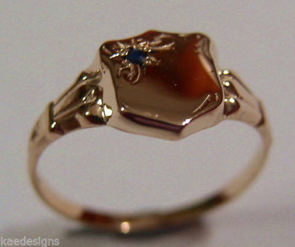 Genuine 9ct 9k Small Rose Blue Sapphire Shield Signet Ring - Choose your size