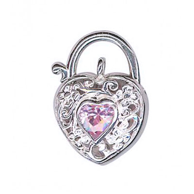 Sterling Silver Filigree Pink Cubic Zirconia Heart Padlock Pendant 15mm