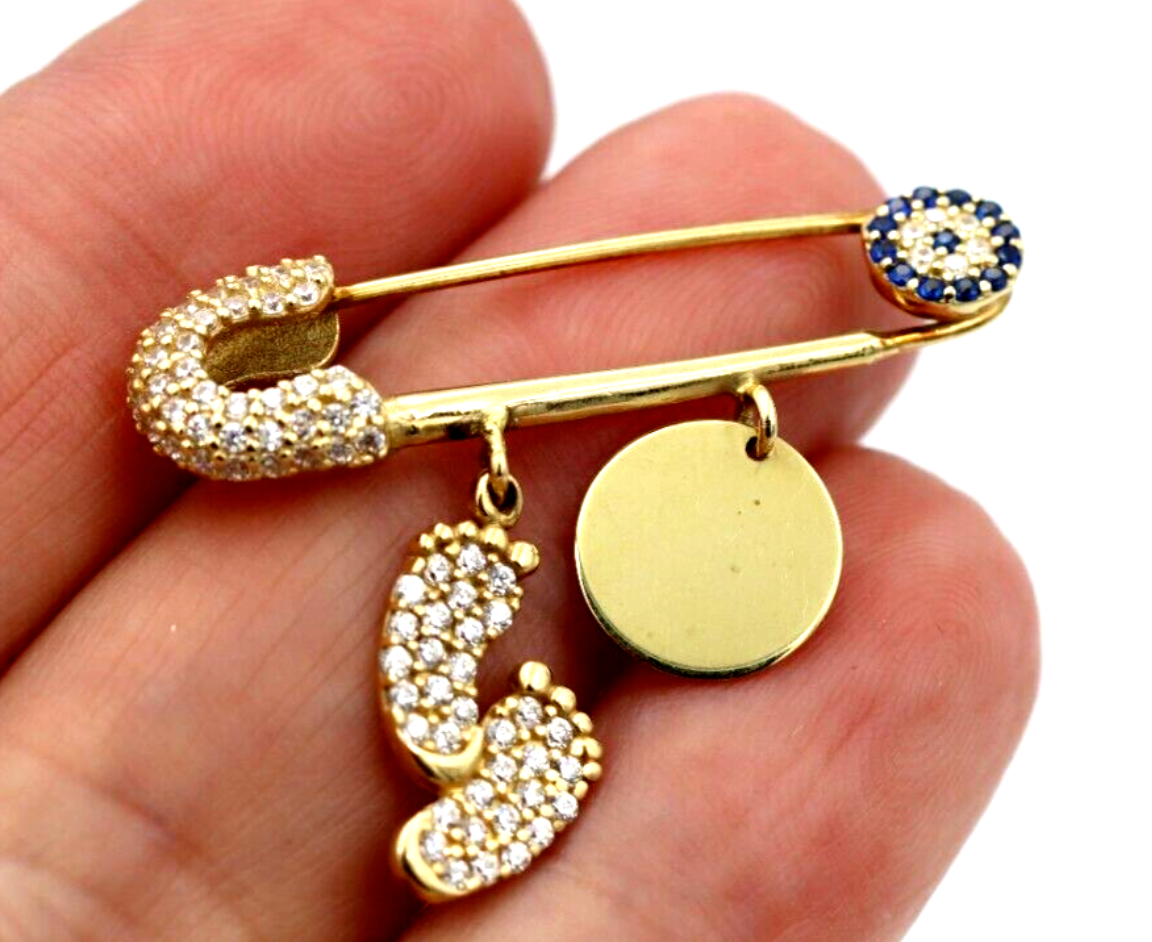 Genuine 14ct Yellow Gold Baby Child's Kids Brooch Eye Mati Charm Baby Boots disc