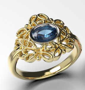 Genuine 9ct 9k Yellow, Rose or White Gold Oval Blue Kyanite Filigree Ring