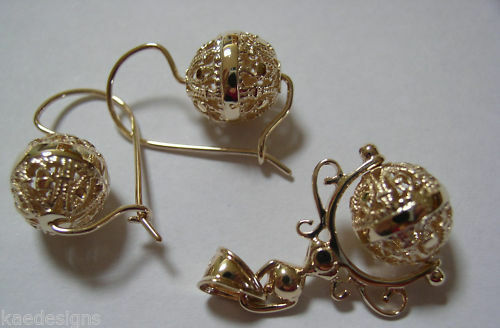 Genuine New Solid 9K 9ct Yellow, Rose or White Gold Filigree Spinner Pendant & Earrings Set