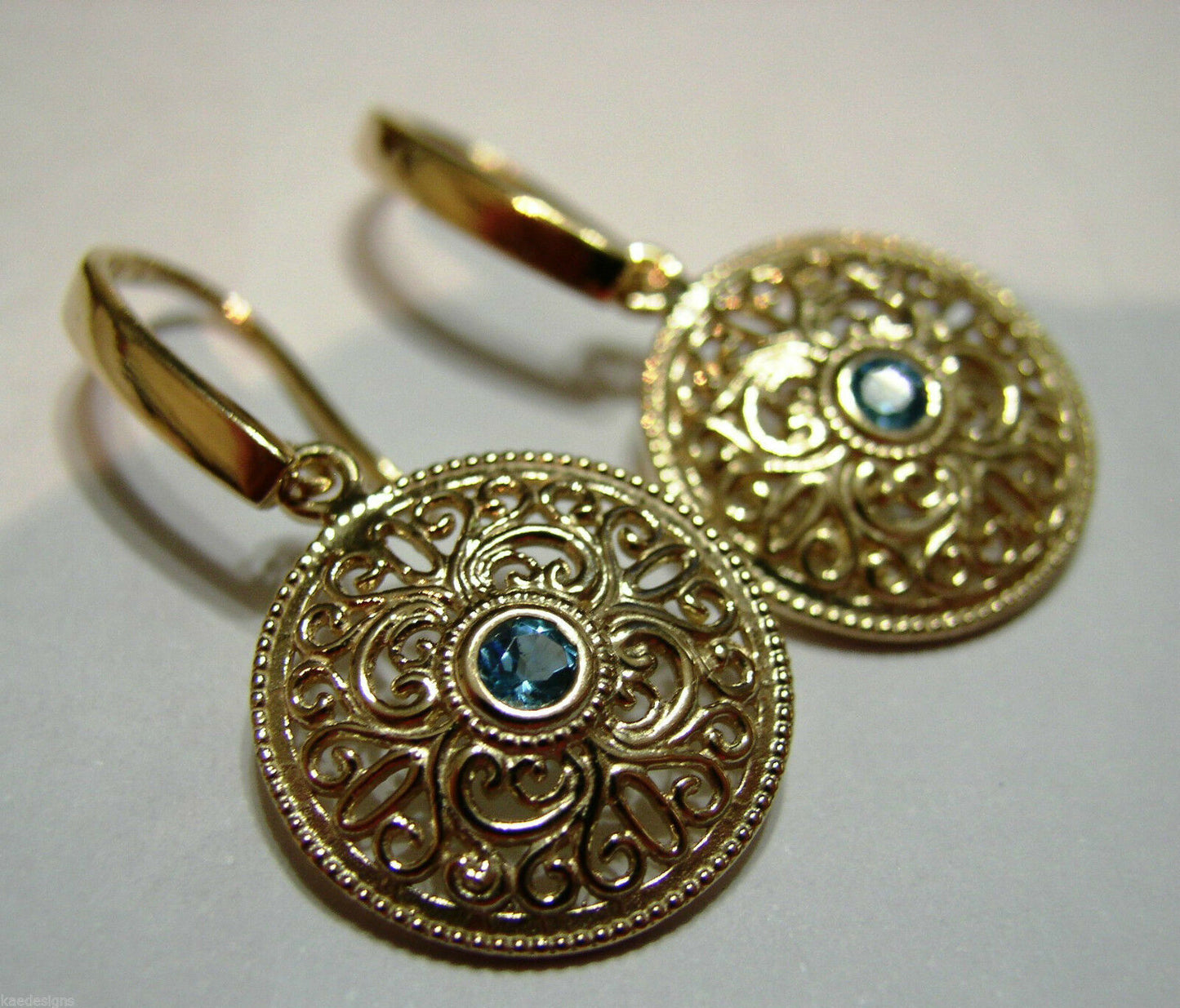 Genuine 9ct Solid Yellow, Rose or White Gold Blue Topaz Filigree Round Drop Earrings