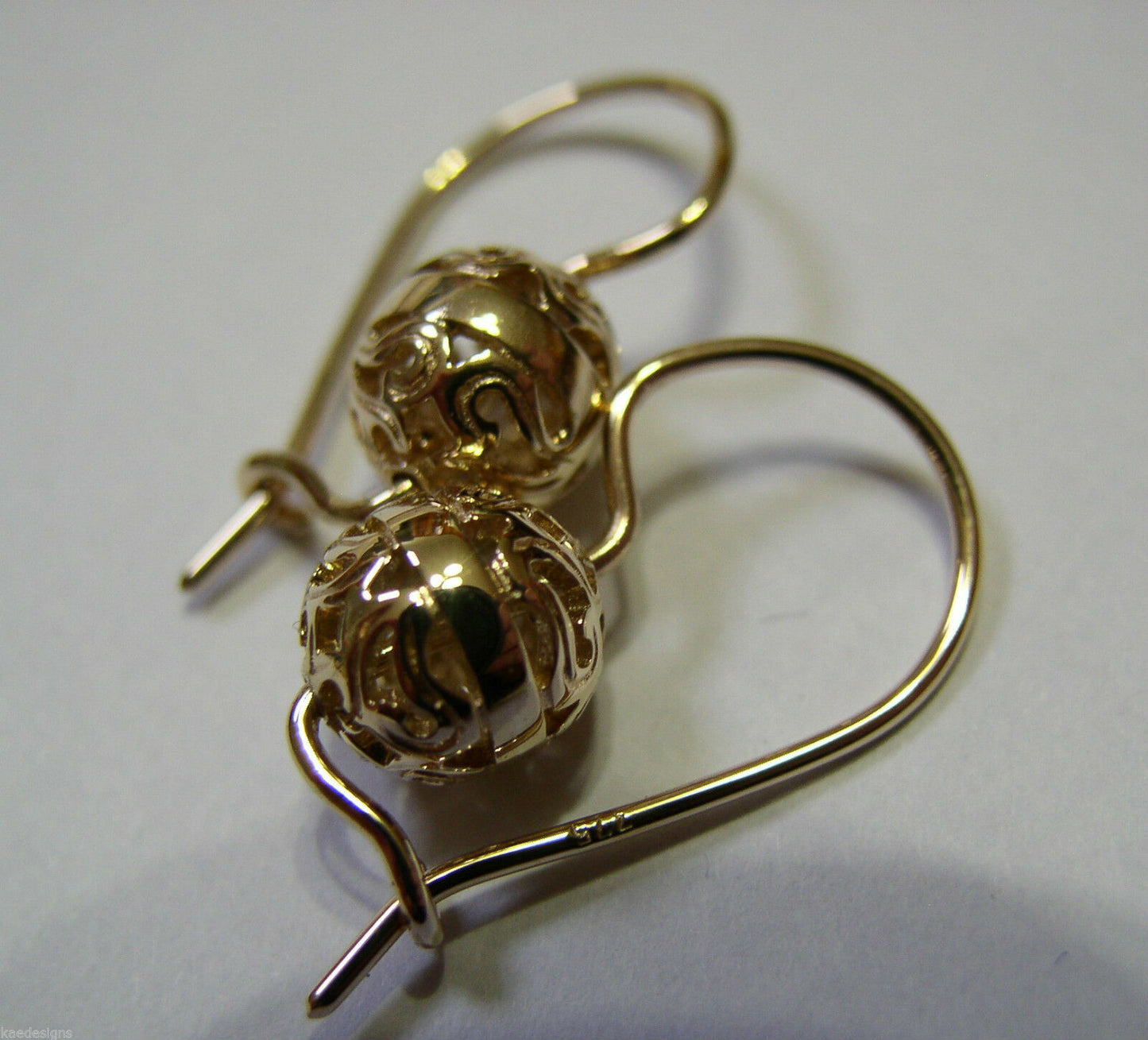 Kaedesigns 9ct Yellow, Rose or White  Gold 8mm Euro Ball Drop Filigree Earrings