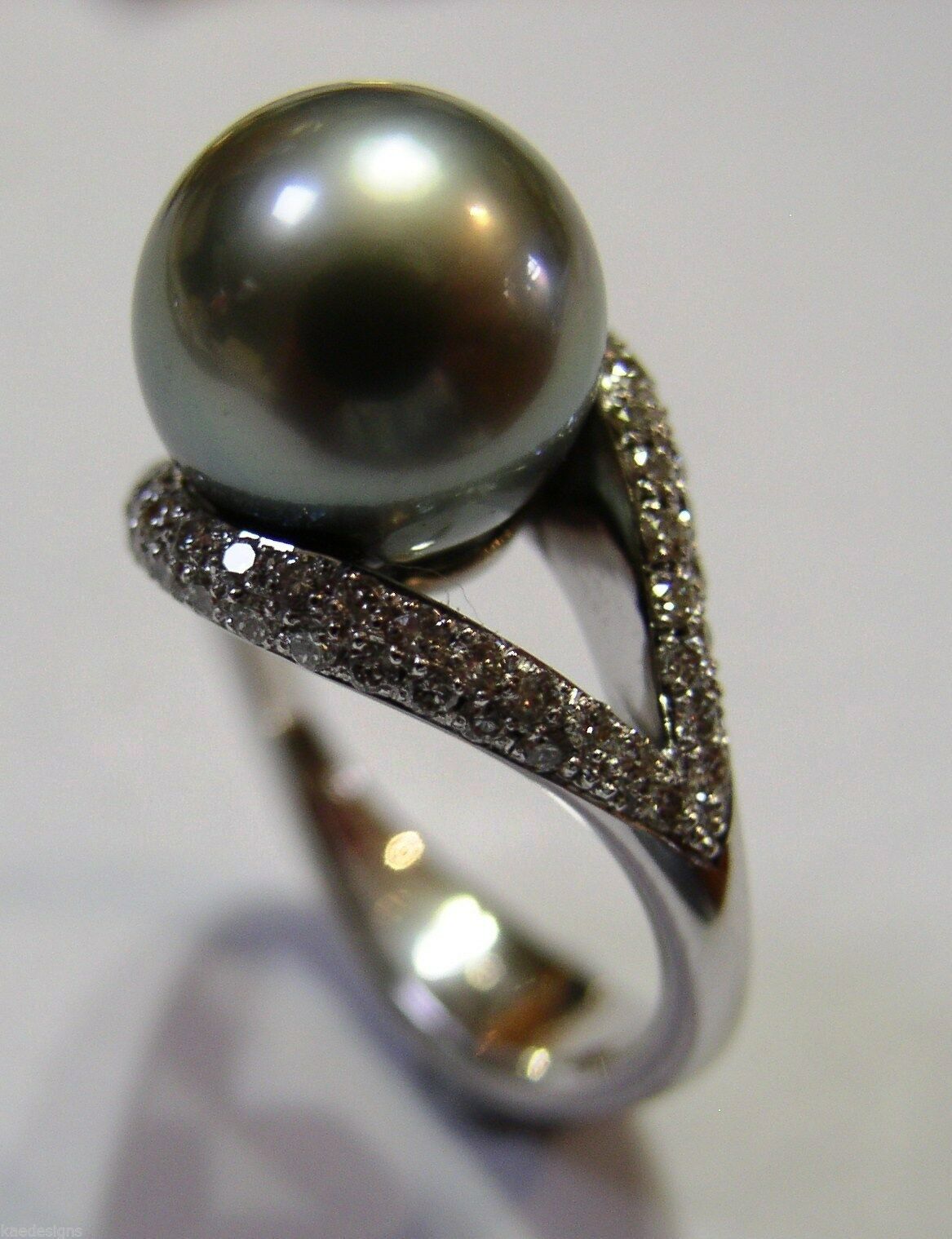 Size K Genuine 18ct 18K Solid White Gold 11mm Tahitian Pearl & Diamond Ring
