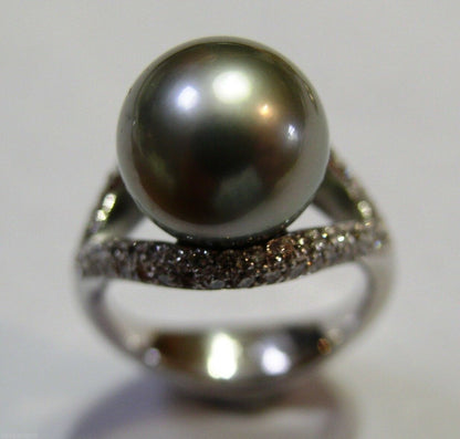 Size K Genuine 18ct 18K Solid White Gold 11mm Tahitian Pearl & Diamond Ring