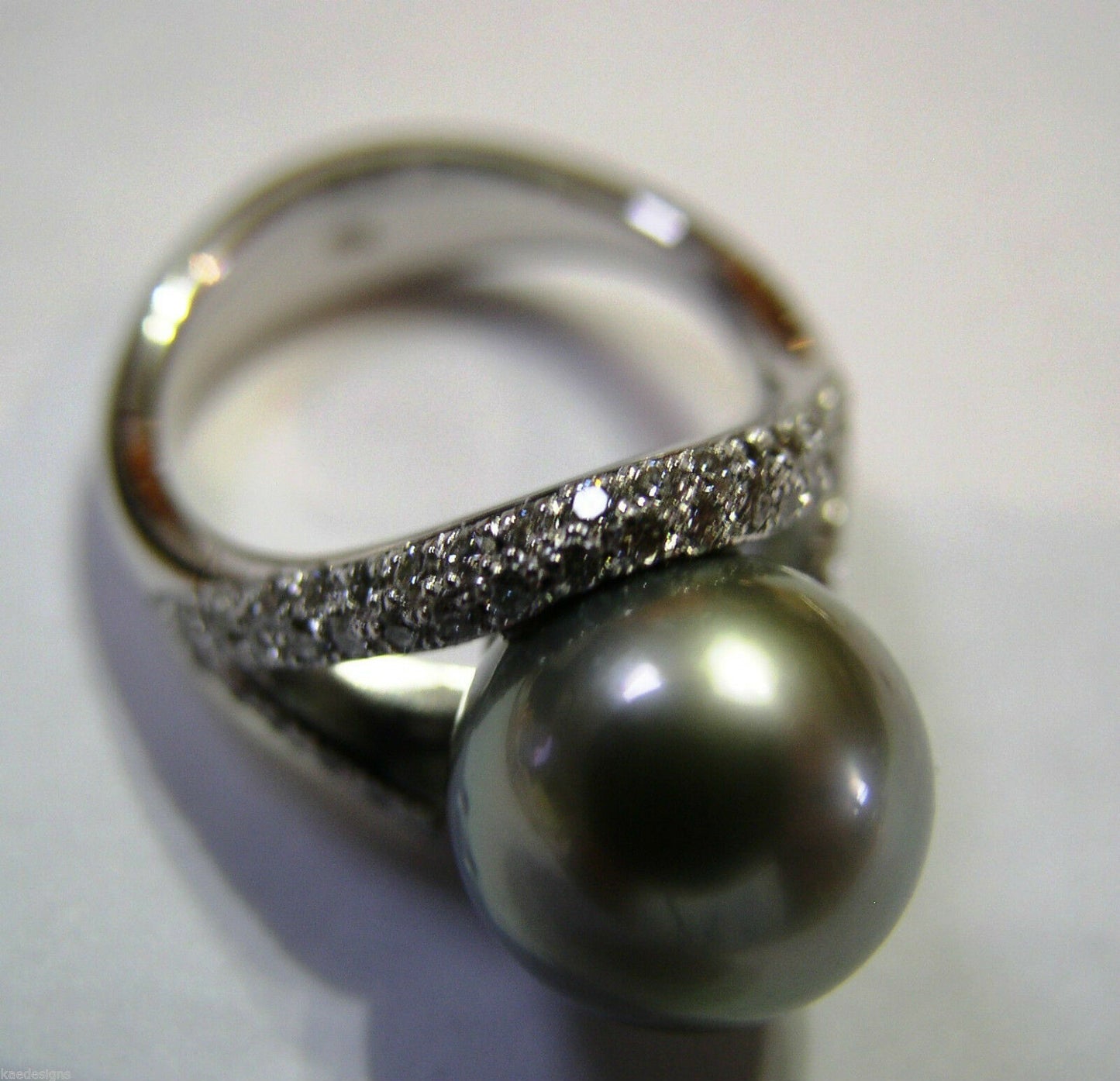 Size K Genuine 18ct 18K Solid White Gold 11mm Tahitian Pearl & Diamond Ring