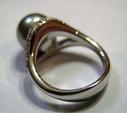 Size K Genuine 18ct 18K Solid White Gold 11mm Tahitian Pearl & Diamond Ring