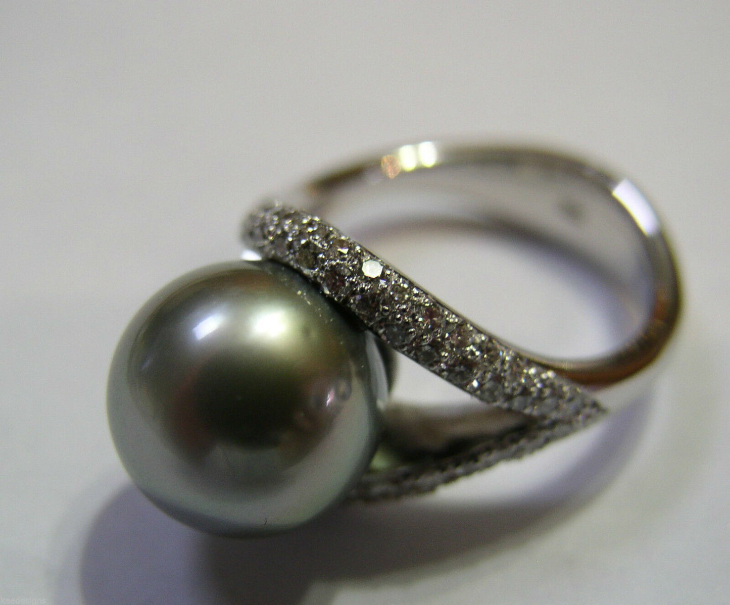 Size K Genuine 18ct 18K Solid White Gold 11mm Tahitian Pearl & Diamond Ring