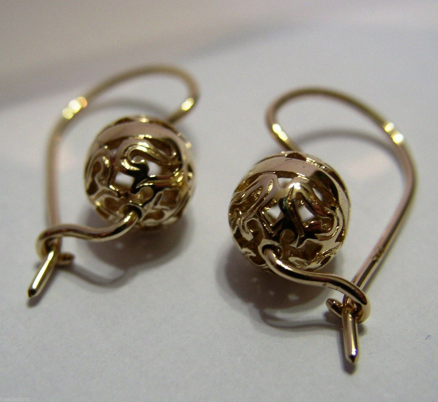 Kaedesigns 9ct Yellow, Rose or White  Gold 8mm Euro Ball Drop Filigree Earrings