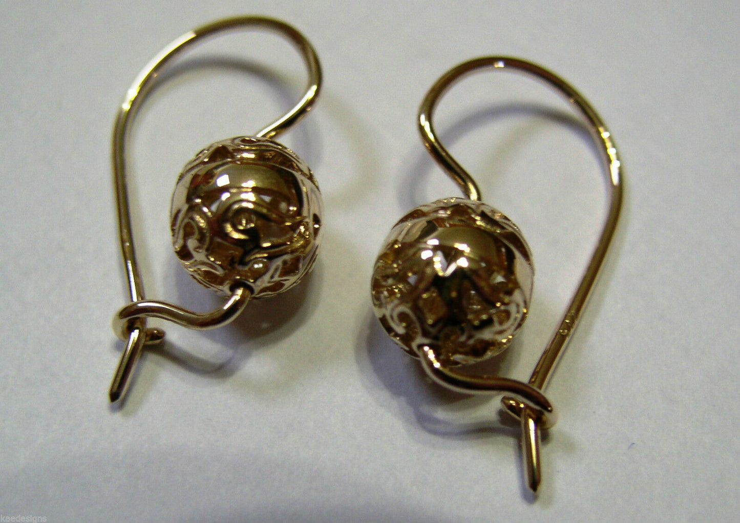 Kaedesigns 9ct Yellow, Rose or White  Gold 8mm Euro Ball Drop Filigree Earrings