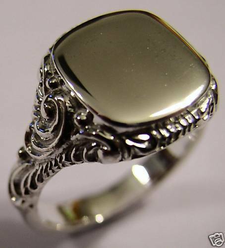 Genuine Large Mens 9ct White Gold Square Engraved Signet Ring