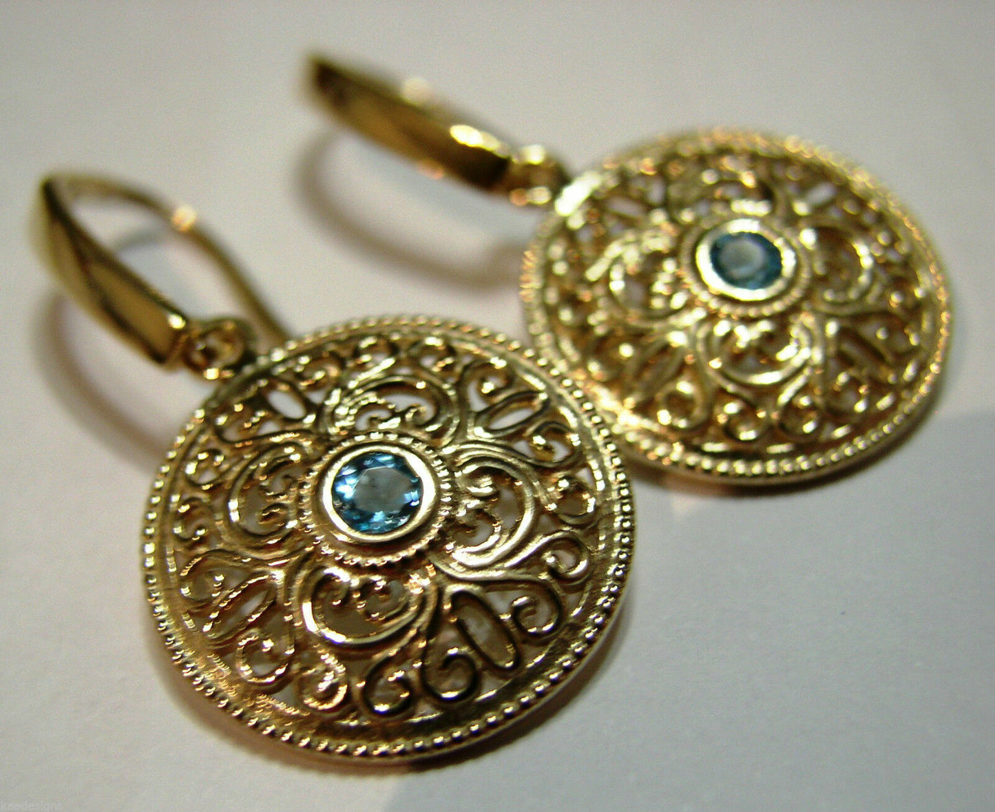 Genuine 9ct Solid Yellow, Rose or White Gold Blue Topaz Filigree Round Drop Earrings
