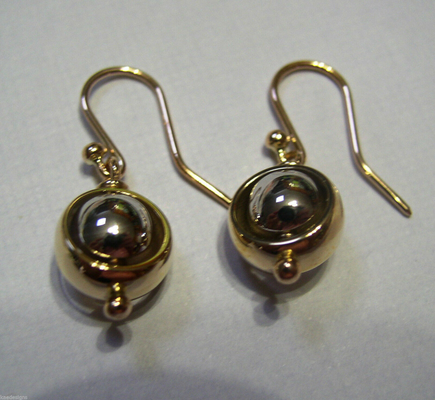 Genuine 9ct 9kt White & Yellow Gold Spinning Belcher Ball Drop Earrings