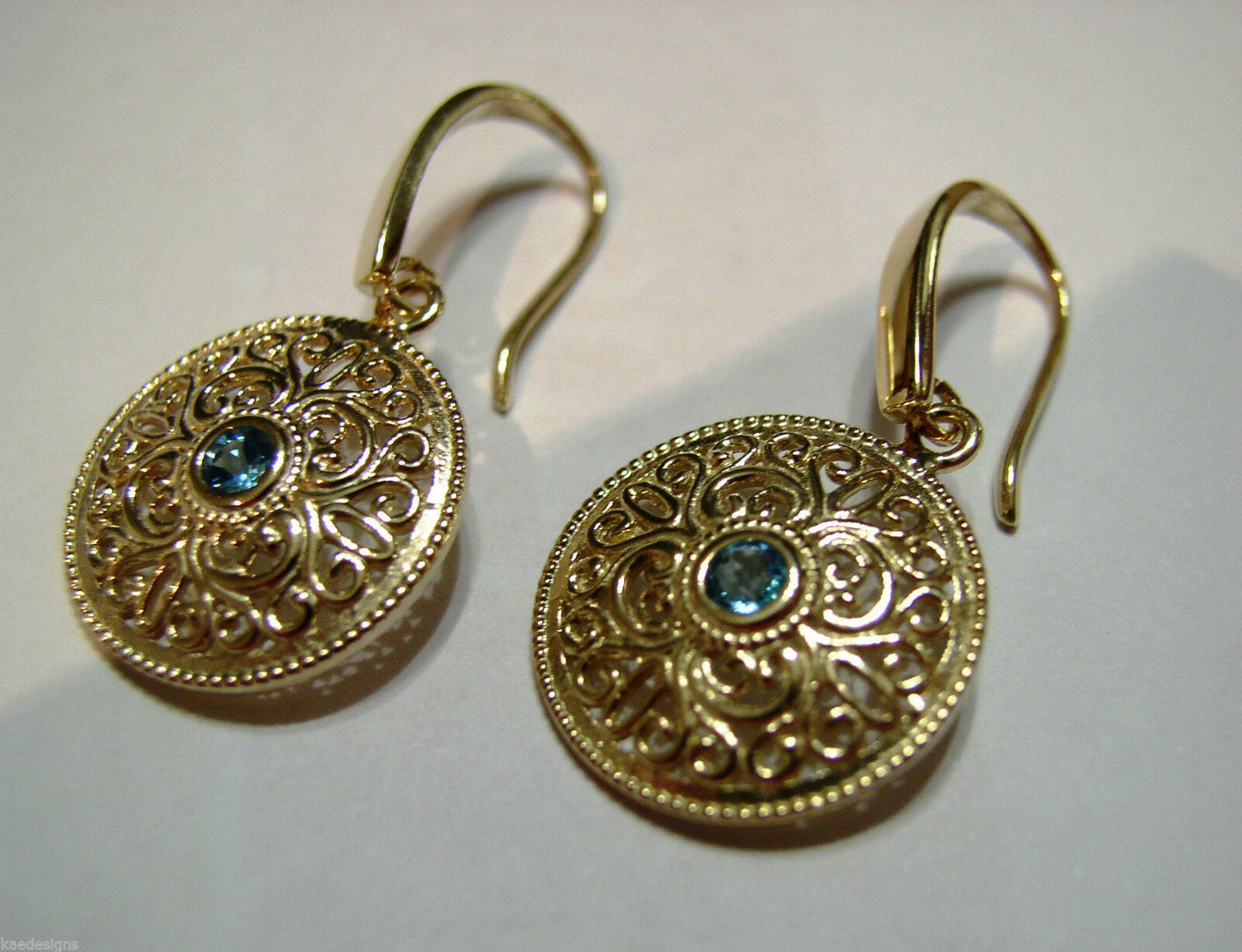 Genuine 9ct Solid Yellow, Rose or White Gold Blue Topaz Filigree Round Drop Earrings