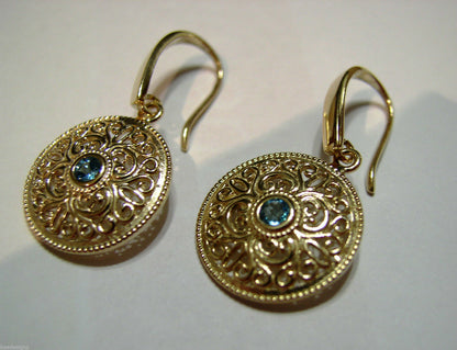 Genuine 9ct Solid Yellow, Rose or White Gold Blue Topaz Filigree Round Drop Earrings