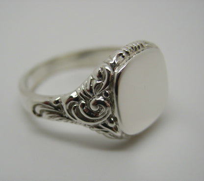 Genuine Size T Mens Sterling Silver Square Engraved Signet Ring