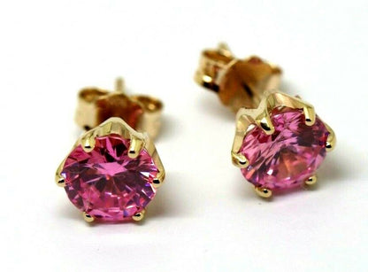 Genuine 9ct Yellow Gold Claw-set Round Pink Sapphire CZ 7mm Stud Earrings