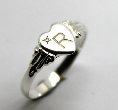 Genuine Sterling Silver 925 Heart Signet Ring Choose Your Size + Gemstone + Engraving