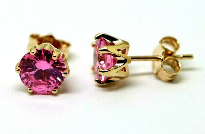 Genuine 9ct Yellow Gold Claw-set Round Pink Sapphire CZ 7mm Stud Earrings