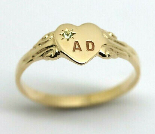 Size J,  August Birthstone 9ct Yellow, Rose or White Gold 375 Green Peridot Stone Heart Signet Ring + Engraving