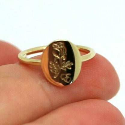 Genuine Size 3.5 / G 1/4 9ct yellow, Rose or White gold oval signet ring with rose and initial