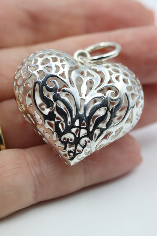 Genuine New Sterling Silver Huge Heavy Large Filigree Heart Pendant