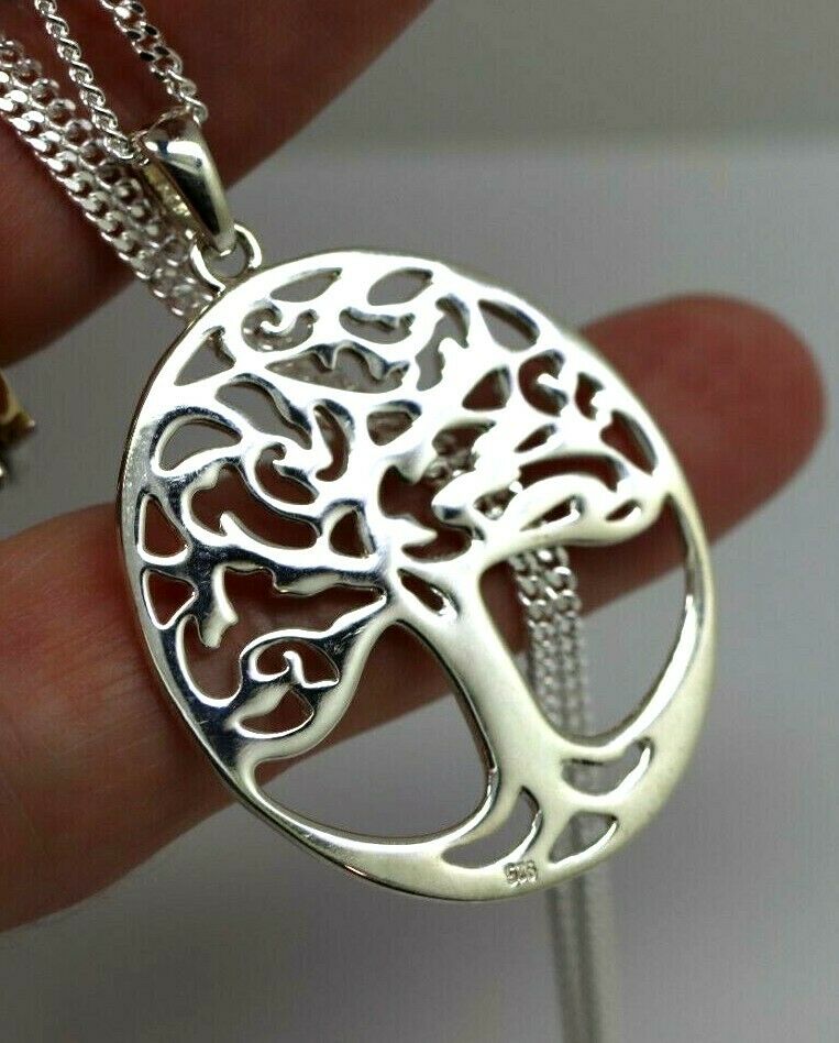 Sterling Silver Medium Filigree Tree Of Life Pendant + Kerb Chain