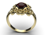 Size R - Genuine 9ct Yellow, Rose or White Gold Round Red Cabochon Garnet Fancy Filigree Ring