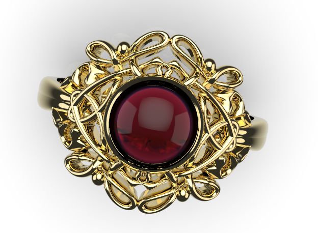 Size R - Genuine 9ct Yellow, Rose or White Gold Round Red Cabochon Garnet Fancy Filigree Ring