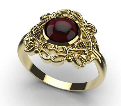 Size R - Genuine 9ct Yellow, Rose or White Gold Round Red Cabochon Garnet Fancy Filigree Ring